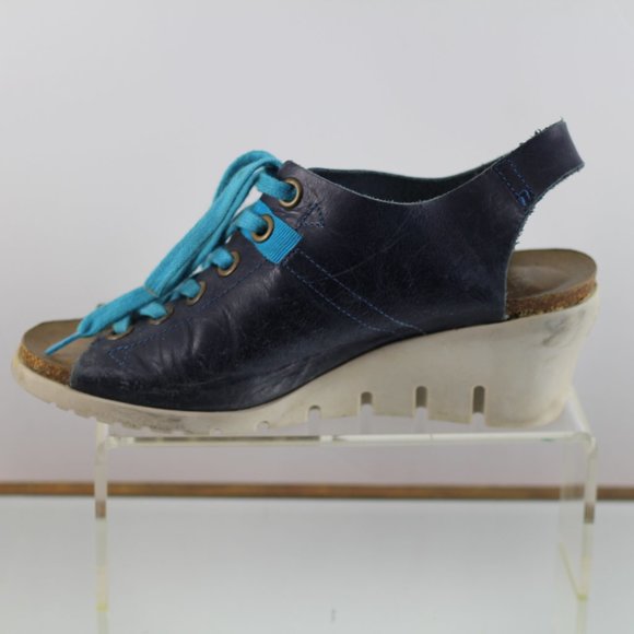 Vintage Fly Girl Blue Leather Peep Toe Wedges - Picture 4 of 15